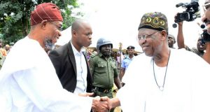 Photo: Aregbesola Storms Oro As Lai Mohammed Organises Ramadan Lecture Governor State of Osun, Ogbeni Rauf Aregbesola (left), exchanging pleasantries with Alhaji Lai Mohammed, during the event held at the Oro Eid Praying ground, Oro Kwara State on Saturday