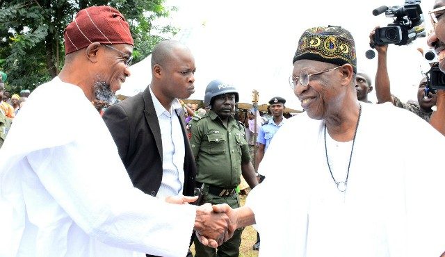 Governor State of Osun, Ogbeni Rauf Aregbesola (left), exchanging pleasantries with Alhaji Lai Mohammed, during the event held at the Oro Eid Praying ground, Oro Kwara State on Saturday