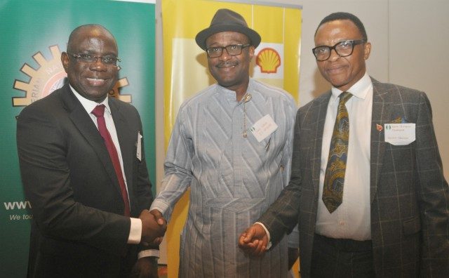 L-R: Managing Director, Shell Nigeria Exploration and Production Company, Bayo Ojulari; Executive Secretary, Nigeria Content Development and Monitoring Board, Simbi Wabote; and the Chairman, Petroleum Technology Association of Nigeria, Okoroafor Bank-Anthony, at the opening ceremony…