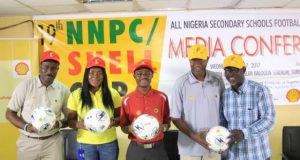 NNPC/Shell Cup Kicks Off With 54,000 Youths Competing L-R: Social Performance Advisor, Shell Nigeria Exploration and Production Company (SNEPCo), Hope Nuka; Social Performance Advisor, Ibukun Adewale; Non- Technical Risk Manager, Adebanji Adekoya; former Super Eagles striker and CEO, Worldwide Sports, Chief Olusegun Odegbami and Chairman, Sports Writers Association, Oyo State Chapter, Niyi Alebiosu, at a press conference to announce the commencement of the 2017 edition of the NNPC/Shell Cup, at the Teslim Balogun Stadium, Lagos…