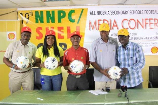 L-R: Social Performance Advisor, Shell Nigeria Exploration and Production Company (SNEPCo), Hope Nuka; Social Performance Advisor, Ibukun Adewale; Non- Technical Risk Manager, Adebanji Adekoya; former Super Eagles striker and CEO, Worldwide Sports, Chief Olusegun Odegbami and Chairman, Sports Writers Association, Oyo State Chapter, Niyi Alebiosu, at a press conference to announce the commencement of the 2017 edition of the NNPC/Shell Cup, at the Teslim Balogun Stadium, Lagos…