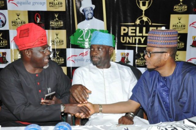 From the left: Oyo State Commissioner for Information, Culture and Tourism, Mr Toye Arulogun, Commissioner for Youth and Sport, Barr. Yomi Oke and son of late Professor Peller and chairman, Aquila Group, Mr Shina Peller during a press conference to announce Peller Unity Cup arrangements…