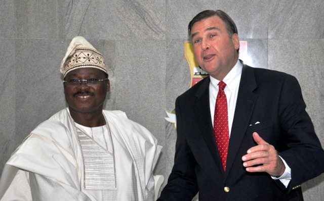 Oyo State Governor, Senator Abiola Ajimobi (left) and the United State of America Ambassador to Nigeria, Mr Stuart Symington during the ambassador’s courtesy visit to the Governor’s Office in Ibadan on Monday…