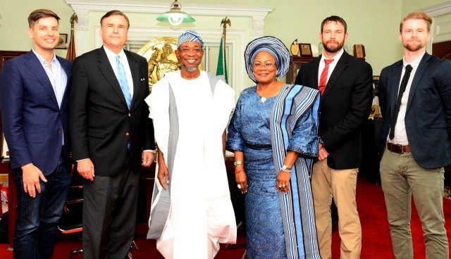 Governor of Osun, Ogbeni Rauf Aregbesola (3rd left ), his Deputy, Mrs. Titi Laoye-Tomori (3rd right), Ambassador of United State of America, Stuart Symington (2nd left), Ambassador Son, Mr. William Stuart Symington (left), Regional Security Adviser, Mr. Chip Cury (2nd right), and Consular Adviser, Mr. Peter Hansen (right), during the visit…