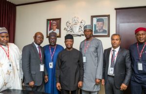 Photo: Osinbajo Meets Airlines’ Stakeholders In Abuja L-R: Alh Abdulmunaf Yunusa Sarina, President Azman Air; Mr. Samson Fatokun, Area Mgr. South-West Africa, IATA; Alh Kashim B.Shettima, Chairman SkyJet; Nogie Meggison, Chairman AON; Jacky Hathiramani, CEO Dana Air.