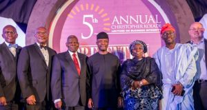 Photo: Osinbajo Attends 5th Annual Christopher Kolade Lecture Acting President Yemi Osinbajo, SAN, with Dr Christopher Kolade (L); Deputy Governor of Lagos State, Dr. Idiat Oluranti Adebule (R), flanked by other speakers after the lecture…