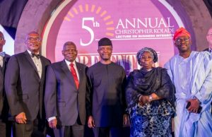 Photo: Osinbajo Attends 5th Annual Christopher Kolade Lecture Acting President Yemi Osinbajo, SAN, with Dr Christopher Kolade (L); Deputy Governor of Lagos State, Dr. Idiat Oluranti Adebule (R), flanked by other speakers after the lecture…
