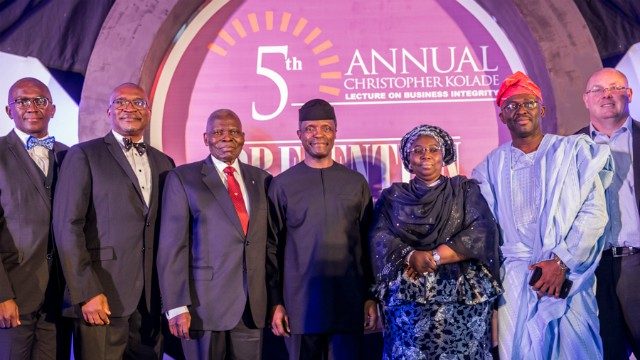 Acting President Yemi Osinbajo, SAN, with Dr Christopher Kolade (L); Deputy Governor of Lagos State, Dr. Idiat Oluranti Adebule (R), flanked by other speakers after the lecture…