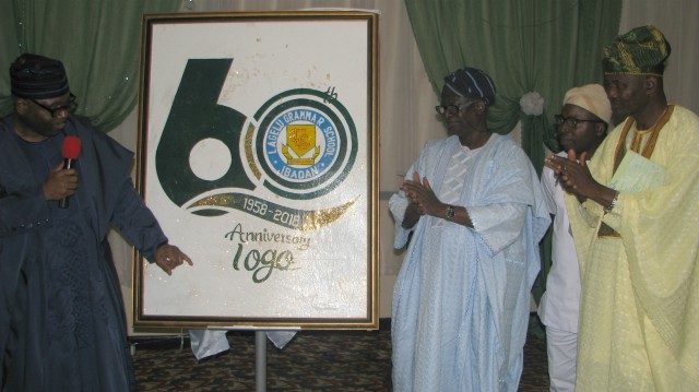 Oyo Governor's Rep, Mr Olalekan Alli, left, unveiling the schools' 60th anniversary logo. He is being admired here from the right...Wale Adeoye, Dr Durodola Ogunsesan and Professor Olufemi Omisore...