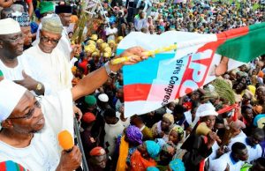 Only God Knows Who Will Succeed Me – Aregbesola Governor of Osun, Ogbeni Rauf Aregbesola; Candidate of All Progressive Congress (APC), for the Osun West Senatorial By-Election, Senator Mudashir Husain; Kebbi State Governor, Abubakar Bagudu (in blue cap); National Chairman, All Progressive Congress (APC), Chief John Oyegun, at the Mega Rally for the forthcoming Osun West Senatorial Bye-Election in the State, held in Iwo on Thursday…