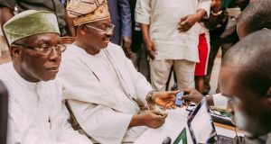 Photo: Ogbeh, Ajimobi Become ‘Registered Farmers’ Minister of Agriculture and Rural Development, Chief Audu Ogbeh, left, with Oyo State Governor, Senator Abiola Ajimobi, being registered as farmers at a town hall meeting the minister held with farmers, youths, women and other agric stakeholders, at the State Secretariat, Ibadan... on Tuesday…