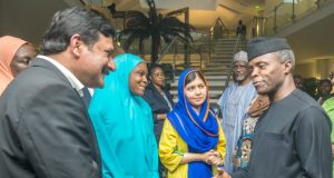 Photo: When Osinbajo Hosted Malala Yousafzai Fund Team Acting President Yemi Osinbajo chats with Ziauddin Yousafzai, Malala's Father; flanked by Malala Yousafzai and Amina Yusuf, Girl Advocate from Centre for Girls Education during the courtesy visit…