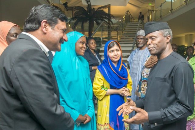 Acting President Yemi Osinbajo chats with Ziauddin Yousafzai, Malala's Father; flanked by Malala Yousafzai and Amina Yusuf, Girl Advocate from Centre for Girls Education during the courtesy visit…