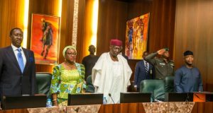 Osinbajo Presides Over Another FEC Meeting, Calls For Minute-Silence To Mourn Maitama Sule Acting President Yemi Osinbajo, right, with COS, Abba Kyari at the FEC meeting...