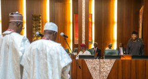 Photo: How New Ministers Were Sworn In By Osinbajo Acting President Yemi Osinbajo during the swearing in ceremony of the new ministers - Alhaji Shehu Hassan and Professor Stephen Ocheni…