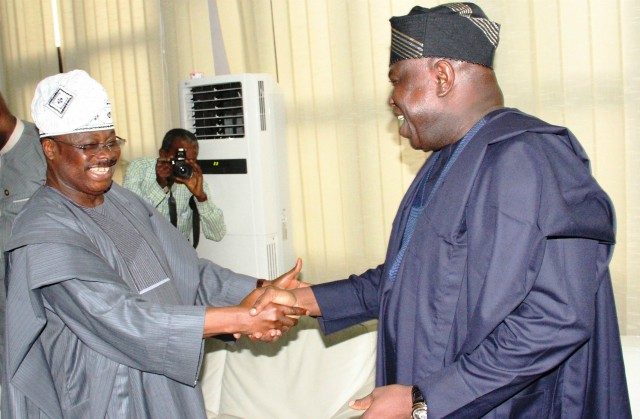 Oyo State Governor, Senator Abiola Ajimobi, left, welcoming Mr. Akinwumi Ambode to the capital of the South West…