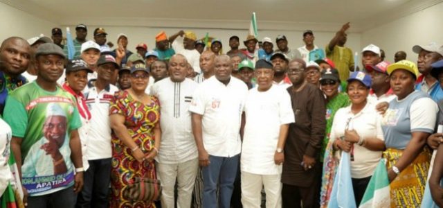 Governor Akinwunmi Ambode, middle, with some of the lucky candidates with other APC topshots...