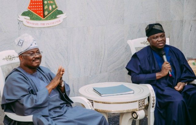 Akinwunmi Ambode of Lagos State, right, with Oyo's Governor Abiola Ajimobi...