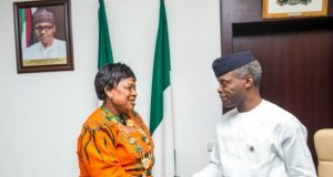 Photo: Osinbajo Hosts Nigerian Association of Chambers of Commerce Iyalode Alaba Lawson, left with the Acting President...