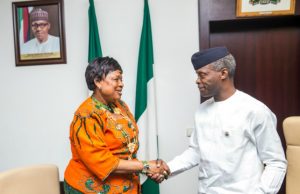 Photo: Osinbajo Hosts Nigerian Association of Chambers of Commerce Iyalode Alaba Lawson, left with the Acting President...