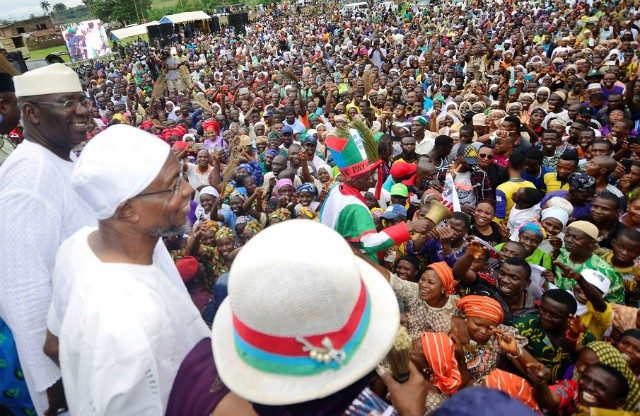 APC's candidate, Mudashir Husein, Goveror Rauf Aregbesola and others during the mega rally in Ede...