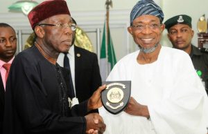 Ogbeh Says Osun Has Capacity To Make Billions Monthly From Agric Minister of Agriculture, Chief Audu Ogbhe, receiving the State emblem from Governor State of Osun, Ogbeni Rauf Aregbesola, during a courtesy visit by the minister and his entourage to Osogbo...
