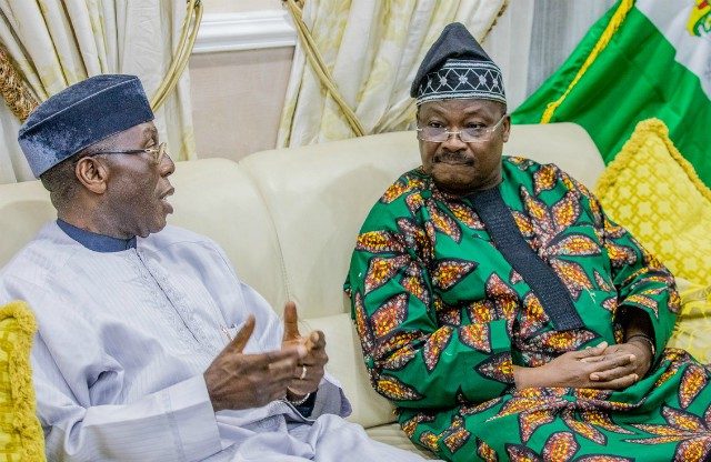 L-R: Minister of Agriculture and Rural Development, Chief Audu Ogbeh, left, with the Oyo State Governor, Senator Abiola Ajimobi, at the Government House, Ibadan...