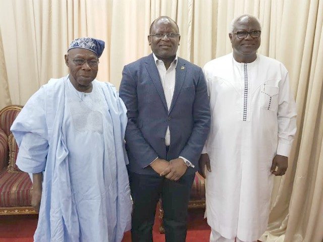 Dr. Adesola Adeduntan, MD/CEO, First Bank of Nigeria Limited (middle) with Chief Olusegun Obasanjo, former President of Nigeria (left) and President Earnest Bai Koroma, President of Sierra Leone during the visit…