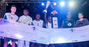 How McCarthy Obanor Won Nigeria National Freestyle Championships Freestyle Finale : l-r: Head Judge and Former European Freestyle Football Champion, Daniel Mikolajek; Football Legend and Director, Feet ‘n’Tricks Limited, Kanu Nwankwo; 2nd Place Winner, Mayowa Bababunmi; 1st prize winner, McCarthy Obanor; Chairman, Feet ‘n’ Tricks, Valentine Ozigbo; and President Of World Freestyle Football Federation, Daniel Wood; at the grand finale of Nigerian Freestyle Football Competition, organised by Feet ‘n’Tricks Limited in Lagos on Sunday
