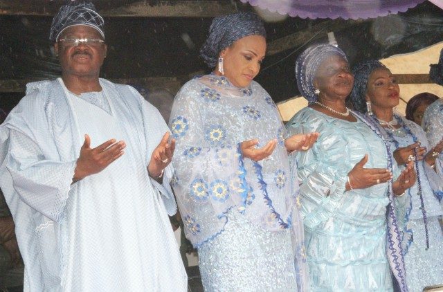 L-R: Oyo State Governor, Senator Abiola Ajimobi; his wife, Florence; and sisters, Alhaja Bisi-Jare Alade and Alhaja Salimat Adio, during the fifth anniversary of the death of the governor's mother, Alhaja Dhkirat Ajimobi, at the Government House, Agodi, Ibadan... on Tuesday