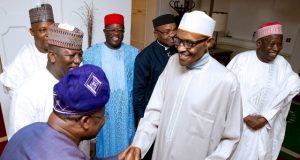 Photo: How Ajimobi, Others Met Buhari In London President Muhammadu Buhari with Governor Abiola Ajimobi of Oyo State with them are L-R: Governor Abdulaziz Yari of Zamfara State, Governor Kashim Shettima of Borno State, Governor David Nweze Umahi of Ebonyi state, Governor Udom Emmanuel of Akwa Ibom State and Governor Abdullahi Umar Ganduje of Kano State