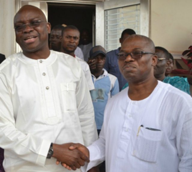 Governor Ayodele Fayose, left, with one of his predecessors, Chief Segun Oni...