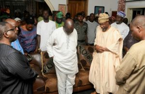 Adewole, Aregbesola Pay Condolence Visit To Family Of Slain Osun Permanent Secretary Governor State of Osun, Ogbeni Rauf Aregbesola (2nd right); Minister for Health, Professor lsaac Adewole (left) and the widower, Mr Kolawole Awotunde (2nd left); Uncle of the deceasd, Mr Adelowokan Adegoke(right), during the Condolence visit at Ofatedo…