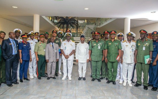 Acting President Yemi Osinbajo with military chiefs...on Friday...