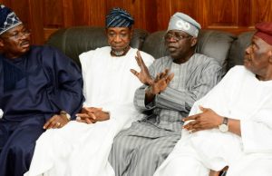 Demise Of Wife: Saraki, Tinubu, Ajimobi, Aregbesola, Ambode, Others Mourn With Bisi Akande From right - Former National Chairman All Progressives Congress (APC), Chief Bisi Akande, National Leader All progressives Congress (APC), Senator Bola Ahmed Tinubu, Governor State of Osun, Ogbeni Rauf Aregbesola, and Oyo State Governor, Senator Abiola Ajimobi, during the Condolence Visit to APC Chieftain, Chief Bisi Akande on the Demise of his Wife Mrs. Omowumi Akande at his Residence in Ila-Orangun on Wednesday 12/7/2017.