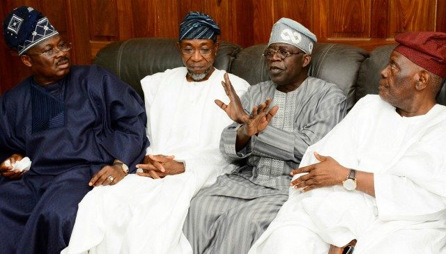 From right - Former National Chairman All Progressives Congress (APC), Chief Bisi Akande, National Leader All progressives Congress (APC), Senator Bola Ahmed Tinubu, Governor State of Osun, Ogbeni Rauf Aregbesola, and Oyo State Governor, Senator Abiola Ajimobi, during the Condolence Visit to APC Chieftain, Chief Bisi Akande on the Demise of his Wife Mrs. Omowumi Akande at his Residence in Ila-Orangun on Wednesday 12/7/2017.
