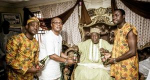 Goldberg, Ariya Repete: Day The Olubadan Gave Royal Blessings L-R: Leke Oshiyemi, Employee Engagement and Partnerships Manager, Nigerian Breweries Plc; Tayo Adelaja, Public Affairs Manager, West/Mid-West, Nigerian Breweries Plc; His Royal Majesty, Oba Saliu Akanmu Olasupo Adetunji, the Olubadan of Ibadan and Funso Ayeni, Senior Brand Manager, Regional Mainstream Brands, Nigerian Breweries Plc, during a courtesy visit of a team from Nigerian Breweries to the palace of the Olubadan as part of activities for the grand finale of Ariya Repete in Ibadan on Friday.