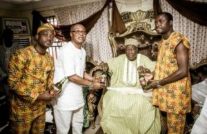 Goldberg, Ariya Repete: Day The Olubadan Gave Royal Blessings L-R: Leke Oshiyemi, Employee Engagement and Partnerships Manager, Nigerian Breweries Plc; Tayo Adelaja, Public Affairs Manager, West/Mid-West, Nigerian Breweries Plc; His Royal Majesty, Oba Saliu Akanmu Olasupo Adetunji, the Olubadan of Ibadan and Funso Ayeni, Senior Brand Manager, Regional Mainstream Brands, Nigerian Breweries Plc, during a courtesy visit of a team from Nigerian Breweries to the palace of the Olubadan as part of activities for the grand finale of Ariya Repete in Ibadan on Friday.