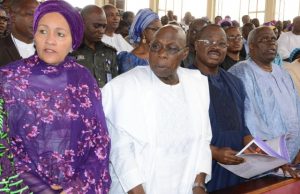 Obasanjo, Ajimobi, Join Others To Honour Late Prof Osotimehin L-R: Deputy Secretary-General of the United Nations, Hajia Aminat Mohammed; former President Olusegun Obasanjo; Oyo State Governor, Senator Abiola Ajimobi; and Chief Ibraheem Akande…at the church service…