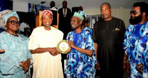 Photo: Aregbesola Becomes Grand Patron Of National Police Community Relations Committee The National Chairman, Police Community Relations Committee (PCRC), Dr Faruk Maiyama (3rd right) presenting a plaque to the Governor of Osun, Ogbeni Rauf Aregbesola as the Grand Patron PCRC. With them are, Deputy NationalChairman PCRC South West, Mrs Adebola Adebutu (left); Former Inspector-General of Police, Dr Solomon Arase (2nd right) and Chairman Osun PCRC, Comrade Amitolu Shittu, at the event held at Atlantis Event Centre, Osogbo…