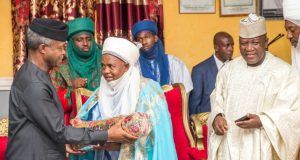 Photo: How Osinbajo Was Warmly Received In Zamfara State Acting President Yemi Osinbajo, left, with the Emir of Gusau and others...