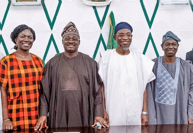 L-R: A member of the Governing Council of Ladoke Akintola University of Technology, Ogbomoso, Prof. Olaide Adedokun; Oyo State Governor, Senator Abiola Ajimobi; his Osun State counterpart, Ogbeni Rauf Aregbesola; and the Council Chairman/Pro-Chancellor, Prof. Oladapo Afolabi, during the inauguration of the council, at the Governor's Office, Ibadan... on Monday