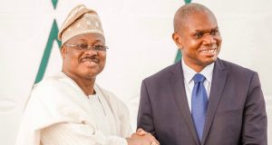 Industrialisation: UNIDO Partners Oyo Government L-R: Oyo State Governor, Senator Abiola Ajimobi, receiving the Industrial Policy document from the United Nations Industrial Development Organisation's (UNIDO) Representative to ECOWAS and Regional Director, Nigeria Regional Office Hub, Mr. Jean Bakole, at the Governor’s Office, Ibadan...over the weekend…