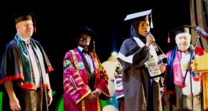 Aregbesola-Sponsored Girl Graduates As Best Overall Medical Student At Ukrainian Varsity Best Graduating Medical student of V.N Karazin Kharkiv National University, Ukraine, Dr Lateefat Oyeleye Abiola delivering her convocation speech while Vice Chancellor, Osun State University (UNIOSUN), Vice President for Research and Education of the University, Prof Mykola O. Azarenkov, Prof. Labo Popoola (2nd left) and others listen, during the 2016/2017 Convocation Ceremony with 50 Students of Uniosun sponsored by Osun Government, at the Graduation Ceremony of the University on Friday 30th June, 2017…