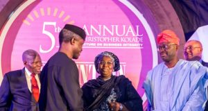 Osinbajo Reveals How FG Uncovered 60,000 Ghost Workers Acting President Yemi Osinbajo shaking hands with Deputy Governor of Lagos State, Dr. Idiat Oluranti Adebule while Dr Christopher Kolade, left, and others look on...at the event...