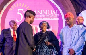 Osinbajo Reveals How FG Uncovered 60,000 Ghost Workers Acting President Yemi Osinbajo shaking hands with Deputy Governor of Lagos State, Dr. Idiat Oluranti Adebule while Dr Christopher Kolade, left, and others look on...at the event...