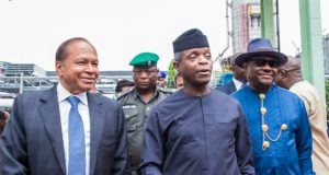 Photo: Osinbajo Storms Rivers To Inaugurate Projects R-L: Governor Nyesom Wike of Rivers State, Prof Yemi Osinbajo and a top official of the fertilizer firm...