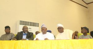 Communication Experts Challenged By Fayose, Ajimobi, Abati From the left: Oyo SSG, Olalekan Alli, Oyo's Information Commissioner, Toye Arulogun, Oyo's Governor Abiola Ajimobi, Ekiti's Governor Ayodele Fayose and Veteran Journalist, Felix Adenaike...at the summit...