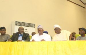 Communication Experts Challenged By Fayose, Ajimobi, Abati From the left: Oyo SSG, Olalekan Alli, Oyo's Information Commissioner, Toye Arulogun, Oyo's Governor Abiola Ajimobi, Ekiti's Governor Ayodele Fayose and Veteran Journalist, Felix Adenaike...at the summit...