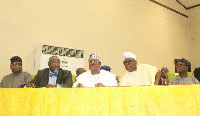 From the left: Oyo SSG, Olalekan Alli, Oyo's Information Commissioner, Toye Arulogun, Oyo's Governor Abiola Ajimobi, Ekiti's Governor Ayodele Fayose and Veteran Journalist, Felix Adenaike...at the summit...